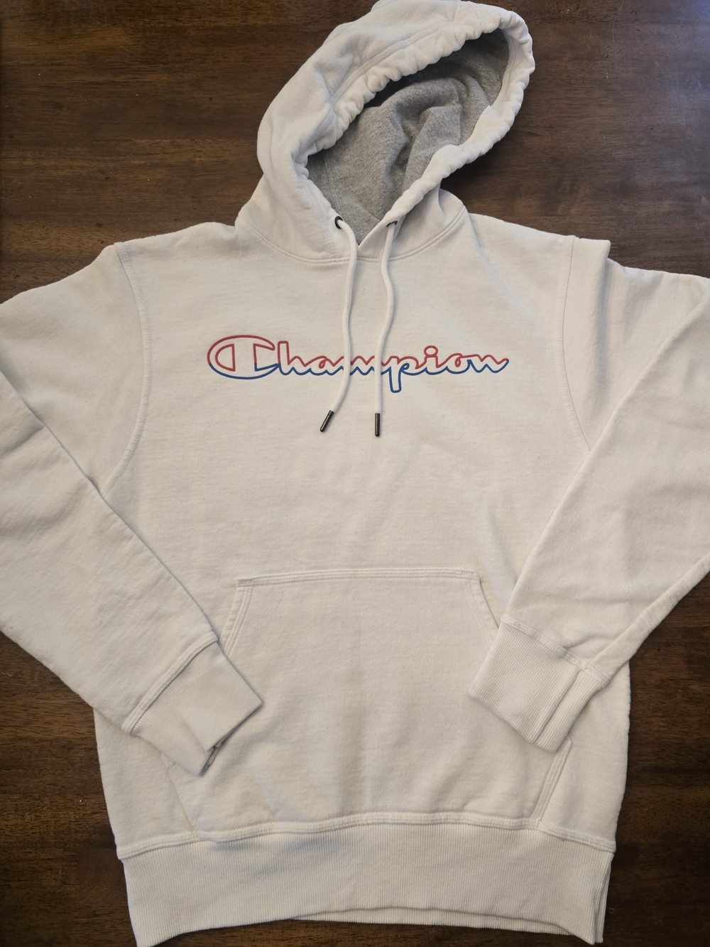 Champion White Hoodie with Red & Blue Script Logo